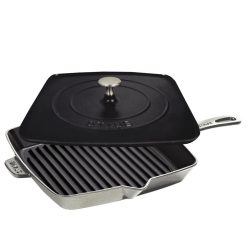 Staub 12" Square Cast Iron Grill Pan & Press Set | Graphite Grey