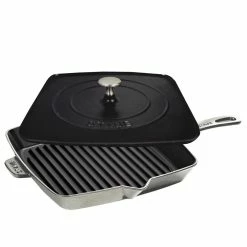 Staub 12" Square Cast Iron Grill Pan & Press Set | Graphite Grey