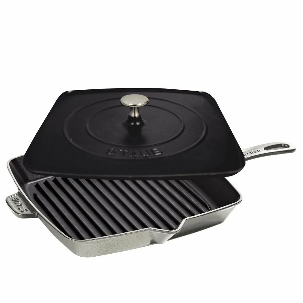 Staub 12" Square Cast Iron Grill Pan & Press Set | Graphite Grey