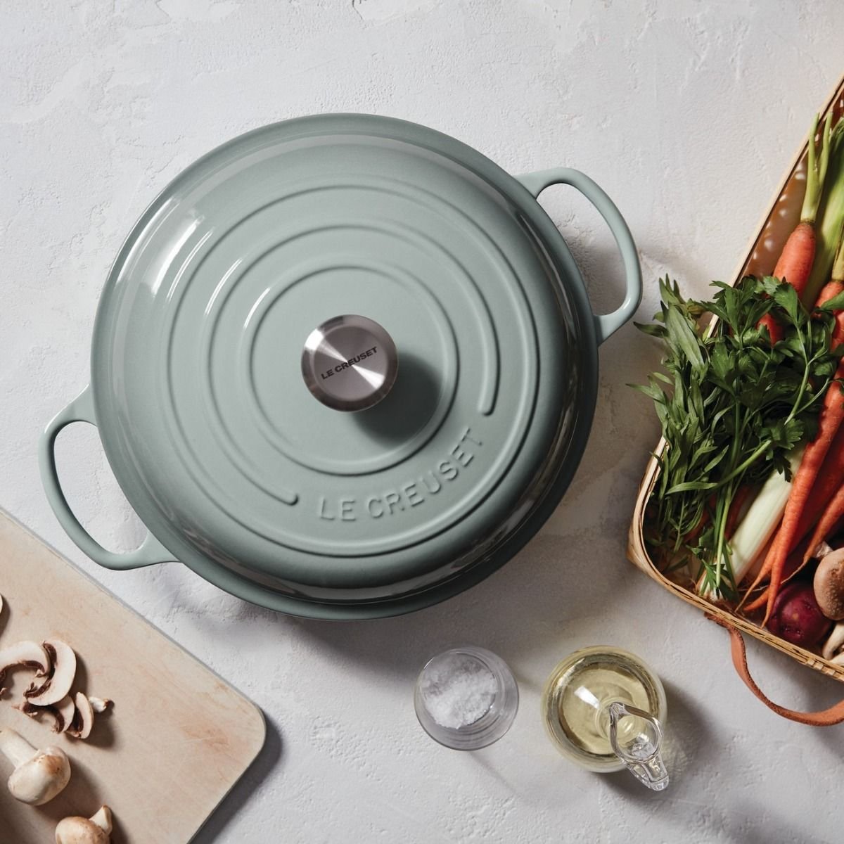 Le Creuset 3.5 Qt. Signature Enameled Cast Iron Braiser with Stainless Steel Knob | Sea Salt Le Creuset 3.5 Qt. Signature Enameled Cast Iron Braiser With Stainless Steel Knob | Sea Salt -STAUB Shop rs9191 spring 2019 seasaltbraiserhuman 0732 lpr